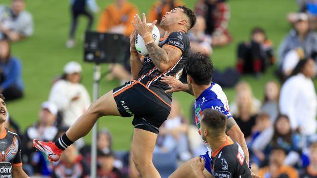 Starford To’a will start in the centres for the Tigers against Cronulla. Picture: Mark Evans/Getty Images