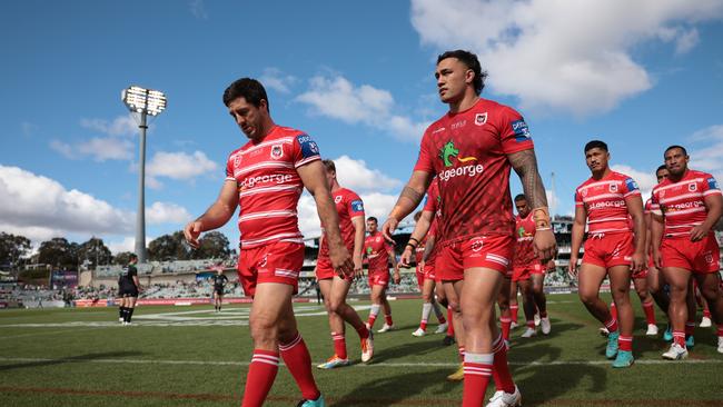 CANBERRA, AUSTRALIA - APRIL 16:  Ben Hunt of the Dragons walks from the field after warm up during the round seven NRL match between Canberra Raiders and St George Illawarra Dragons at GIO Stadium on April 16, 2023 in Canberra, Australia. (Photo by Mark Metcalfe/Getty Images)
