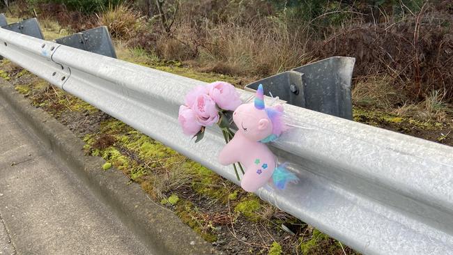 Floral tributes and a small toy unicorn lay at the fatal crash site on Algona Road, where a Huntingfield father and his young daughter were killed in a car crash. Picture: Phil Young