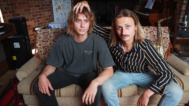 Sydney indie pop duo Lime Cordiale, aka brothers Louis (left) and Oli Leimbach at their home at Elanora Heights this week, after receiving eight ARIA Award nominations. Picture: John Feder