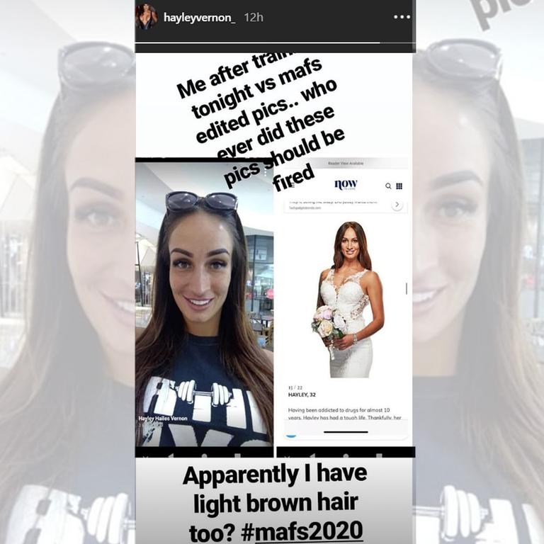 New MAFS contestant Hayley Vernon took to Instagram to slam her promo pictures. Picture: Instagram