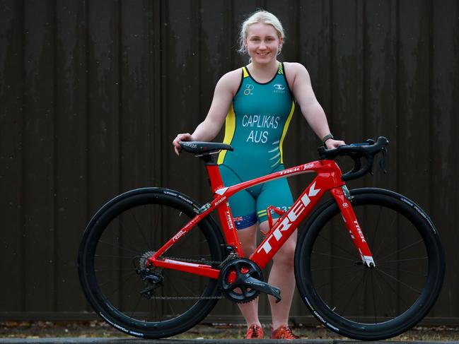 Australian representative triathlete Kristie Caplikas poses for photographs in Greystanes. Greystanes, Monday, September 3rd 2018. Kristie Caplikas is an Australian representative triathlete. (AAP Image / Angelo Velardo)