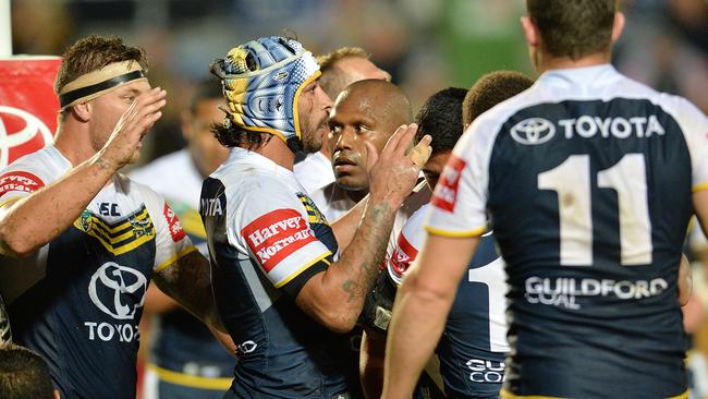 Cowboys captain Johnathan Thurston celebrates a win.