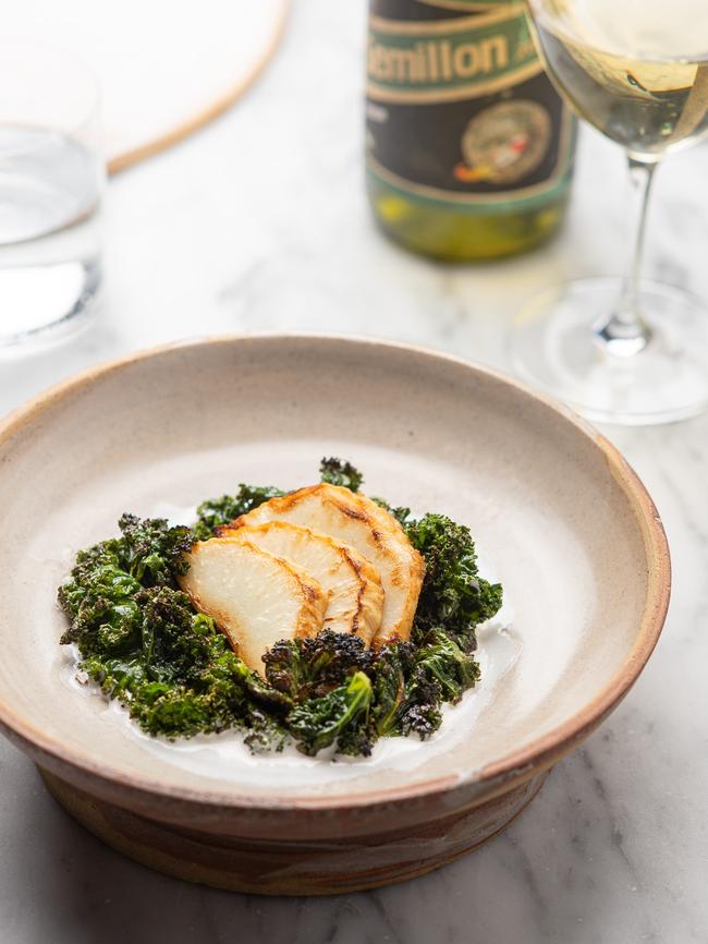 Celeriac, kale, macadamia at Allegra Dining Room, 2019.