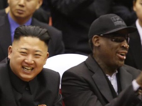 North Korean leader Kim Jong Un and former NBA star Dennis Rodman having a laugh riot. Picture: AP