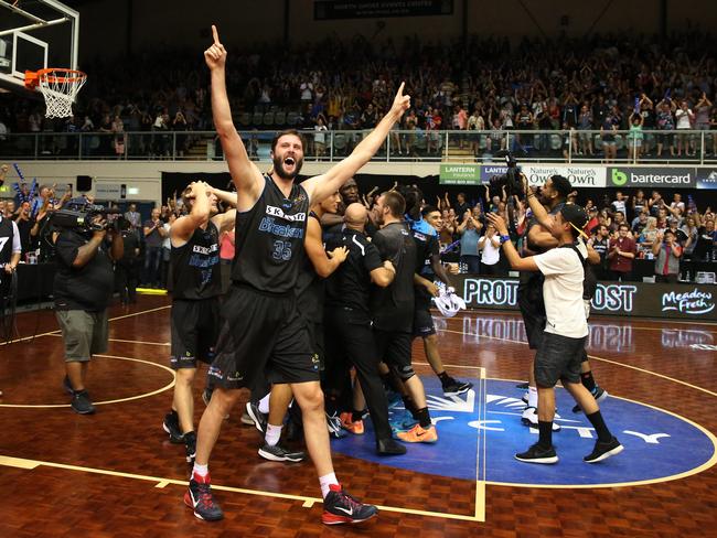 Pledger celebrates the Breakers’ 2015 grand final win over Cairns Taipans. Picture: Brendan Radke