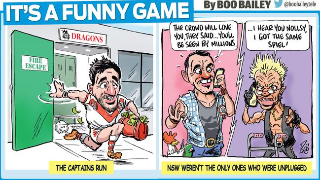 Ben Hunt unsuccessfully tried to leave St Geore Illawarra, and some pre-game entertainment came under fire. Artwork: Scott 'Boo' Bailey.