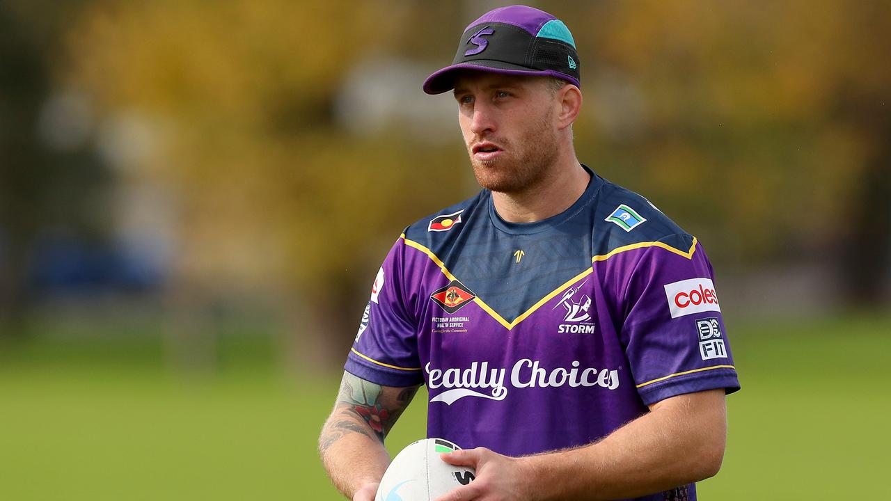 MELBOURNE, AUSTRALIA - MAY 25: Cameron Munster of the Storm looks on during a Melbourne Storm media opportunity at Gosch's Paddock on May 25, 2022 in Melbourne, Australia. (Photo by Kelly Defina/Getty Images)