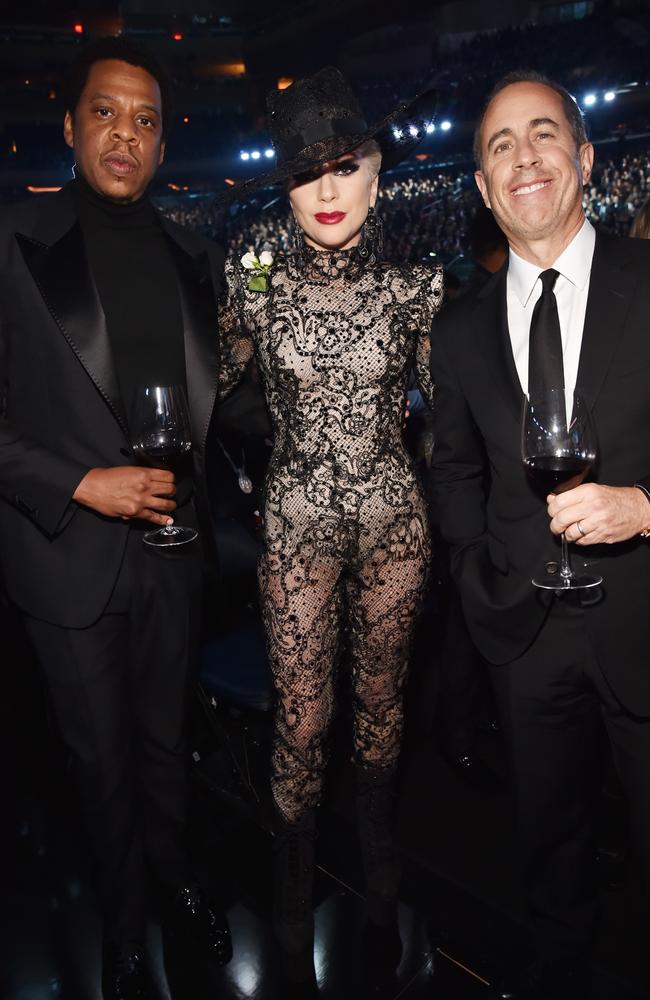 Jay Z, Lady Gaga and comedian Jerry Seinfeld attend the 60th Annual GRAMMY Awards at Madison Square Garden on January 28, 2018 in New York City. Picture: Getty