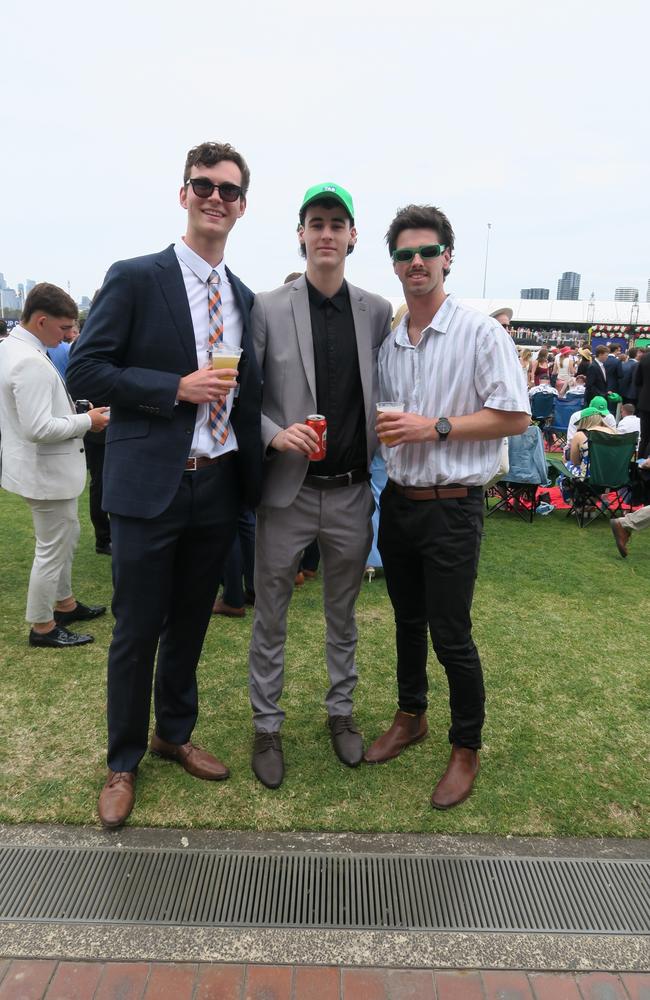 Ben, Ziggy and Riley at Seppelt Wines Stakes Day 2024 at Flemington Racecourse. Picture: Gemma Scerri