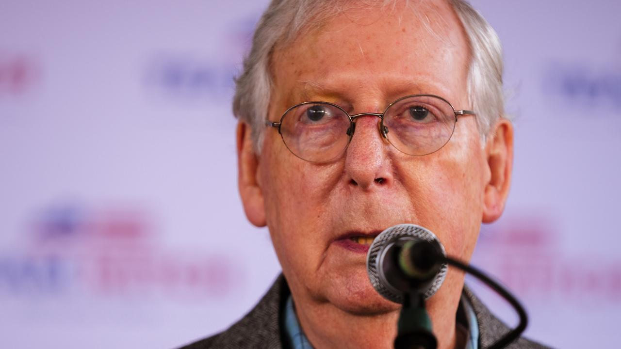 Senate Majority Leader Mitch McConnell (R-KY) speaks to the press and his supporters during a campaign stop on October 28, 2020 in Lawrenceburg, Kentucky. Picture: AFP