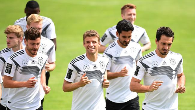 Timo Werner, Jonas Hector, Thomas Mueller, Ilkay Gundogan defender Mats Hummels take part in a training session