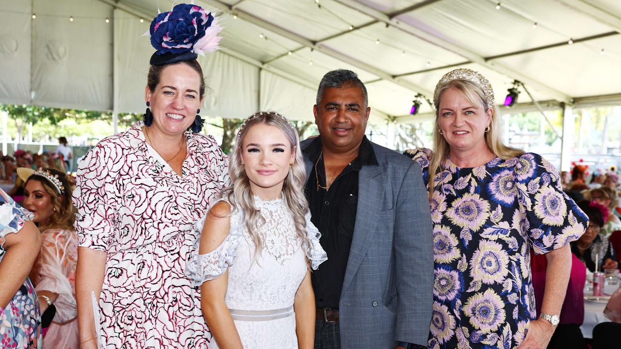 Kate Fern, Paris Cream, Aju Mathew and Jacqui Piggott at the Cairns Amateurs High Tea, held under the waterfront marque on the Cairns Esplanade Eastern Events lawn. Picture: Brendan Radke