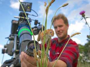 Cameraman Jonathan Jones focuses   on a harvest mouse. Filming the smallest rodent in Europe for Planet Earth II required specialised "scope'' lenses. Picture: Chadden Hunter