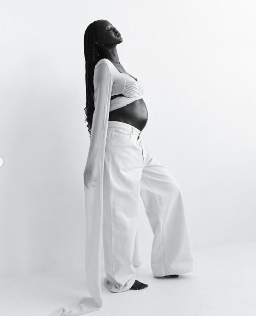 Adut Akech shows off her baby bump in a photoshoot for Vogue Australia. Picture: Pierre Toussaint / Vogue Australia