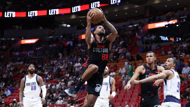 Australian Boomer Patty Mills of the Miami Heat drives to the basket against the Dallas Mavericks. Picture: Megan Briggs/Getty Images/AFP