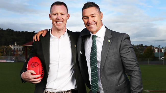 Jack Riewoldt, retired Tasmanian AFL player, and Alastair Lynch, Tasmanian former AFL player. AFL team for Tasmania announcement at North Hobart Oval. Picture: Nikki Davis-Jones