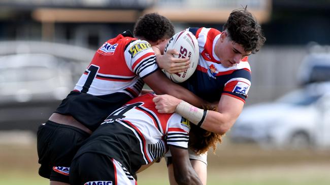 Aaron Payne Cup clash between Kirwan High Bears and St Patrick's College at Kirwan. Bears Xavier Chafield and Dudley Dotai put the brakes on St Patrick's Bailey Jeffs. Picture: Evan Morgan