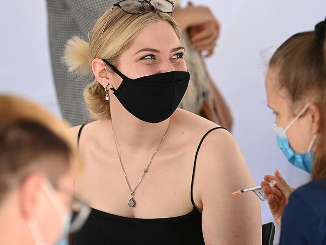 07/11/2021:  Kailah Hudson , from Everton Hills (0413075464 mb do not publish number) gets her second  Covid vaccine jab at a Bunnings store pop up Covid clinic, in Stafford, Brisbane . Lyndon Mechielsen/Courier Mail