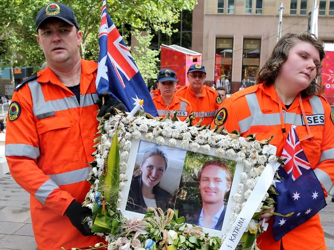 SES volunteers with the tribute to Tori Johnson and Katrina Dawson.