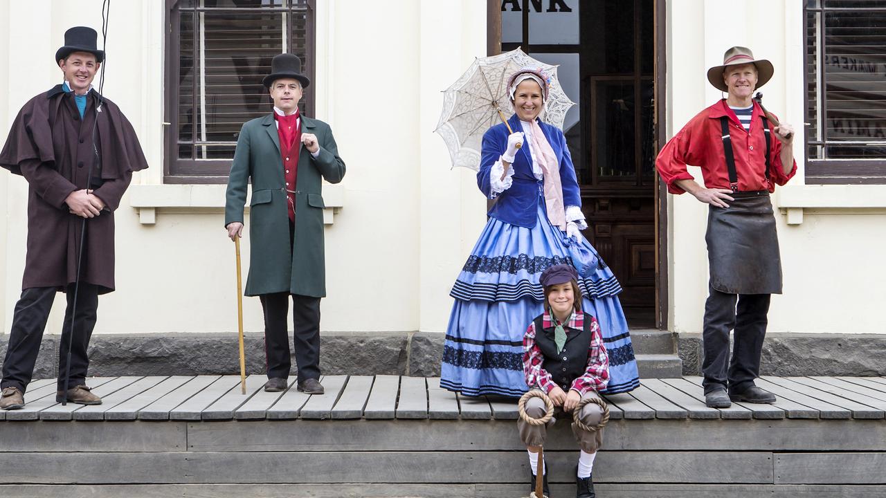 Sovereign Hill characters showing off Gold Rush-style clothes. These are much cleaner and probably fit better than many people’s clothes from the 1850s. Picture: Sarah Matray