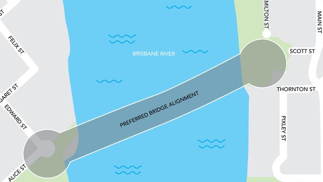 Preferred alignment of the Kangaroo Point Pedestrian Bridge, linking the Botanic Gardens to Scott St at Kangaroo Point. Picture: Supplied