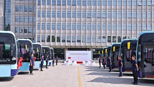 The first batch of 15 buses at Foton’s headquarters in China. Picture: Facebook