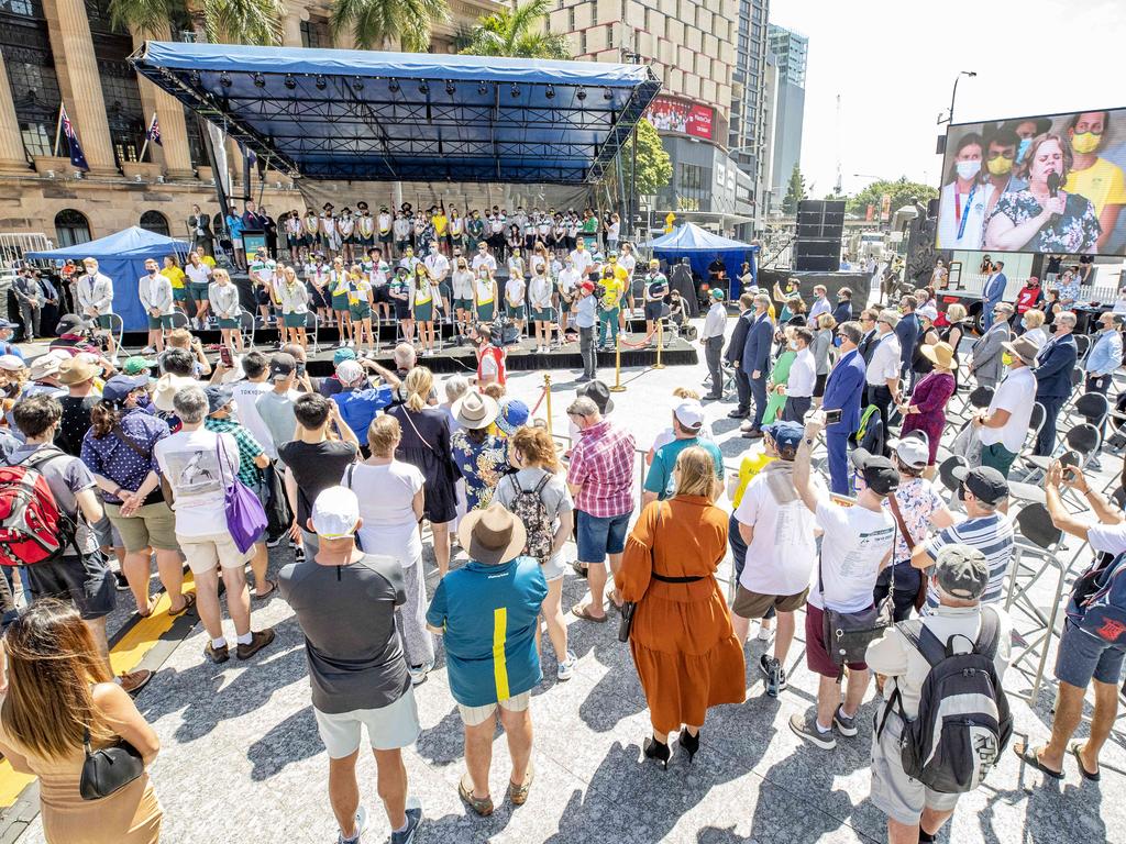 Welcome home celebration for Tokyo Olympians and Paralympians in Brisbane’s King George Square yesterday. Picture: Richard Walker