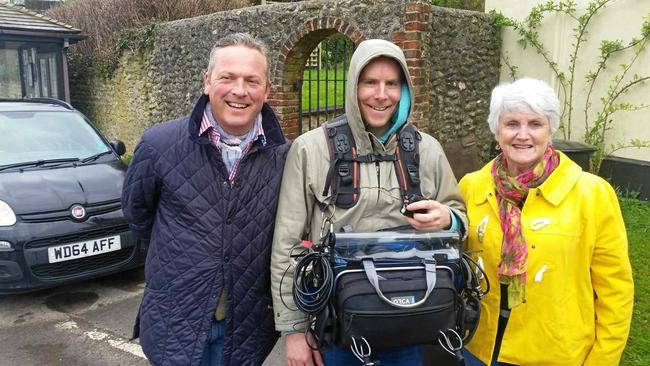 Escape to the Country host Jules Hudson (left) and a sound engineer meet with Coast woman Gwenda Tudman during filming of an episode in England. Picture: Contributed