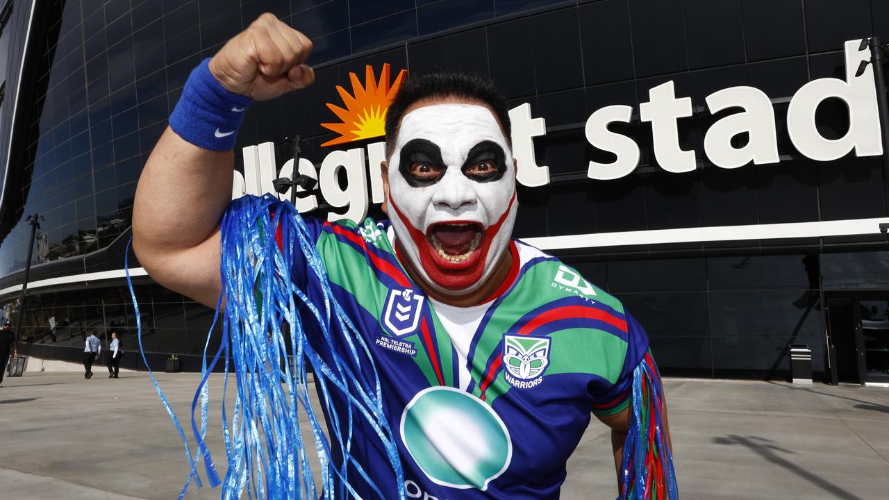 The Mt Smart Joker, a Warriors fan from Auckland, at Allegiant Stadium in Las Vegas. Picture: Jonathan Ng