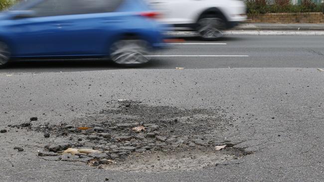 Pothole, Corner Princes Hwy and Brooklyn St, Tempe. Picture: John Appleyard