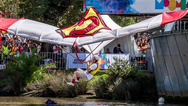 Andrew Goss flies the Gossamer Wing for Peter MacCallum Cancer Foundation. Picture: Jake Nowakowski