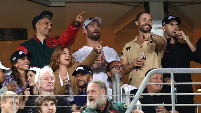 Taika Waititi, Chris Hemsworth, Elsa Pataky, Isla Fisher and Russell Crowe watch the round three NRL match between the South Sydney Rabbitohs and the Sydney Roosters at Stadium Australia on March 26, 2021, in Sydney, Australia. Picture: Getty