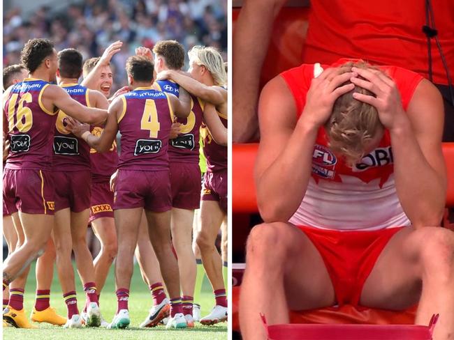 The Lions celebrated while Isaac Heeney summed up the Swans' misery. Photo: Channel 7.