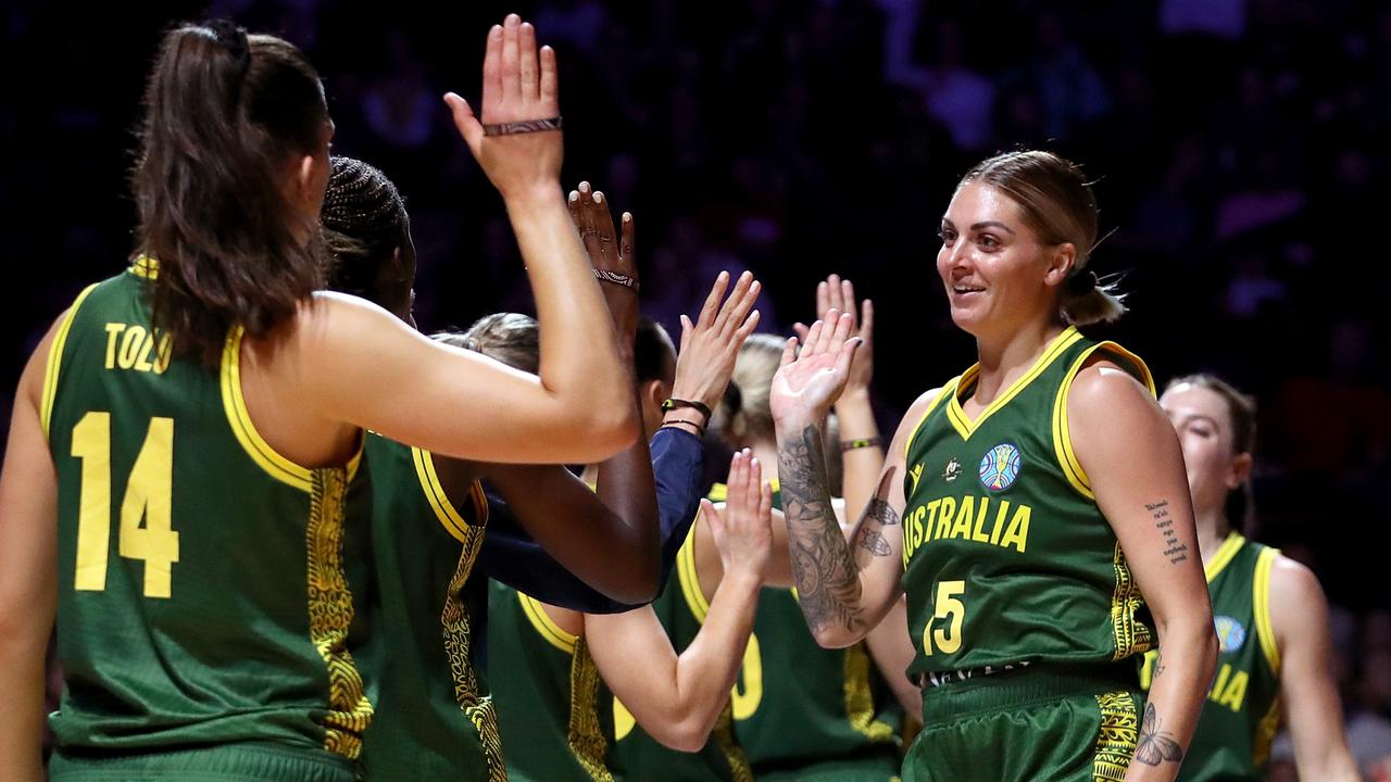 The Opals during Monday night’s victory over Canada. Picture: Kelly Defina/Getty Images