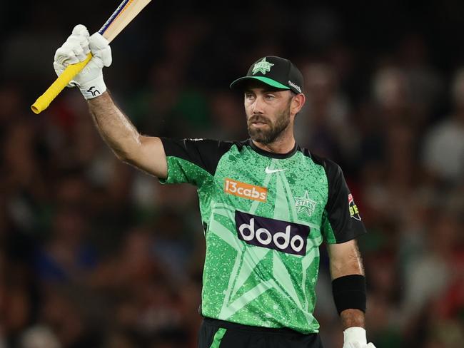 MELBOURNE, AUSTRALIA - JANUARY 12: Glenn Maxwell of the Stars celebrates after scoring a half century during the BBL match between Melbourne Renegades and Melbourne Stars at Marvel Stadium, on January 12, 2025, in Melbourne, Australia. (Photo by Robert Cianflone/Getty Images)