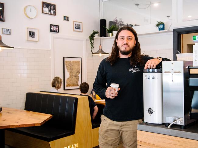 Owner of the popular Brighton coffee shop C.R.E.A.M., Josh Rivers. The cafe has extended into a neighbouring property a century old in Adelaide, Monday, September 30, 2019. (AAP Image/ Morgan Sette)