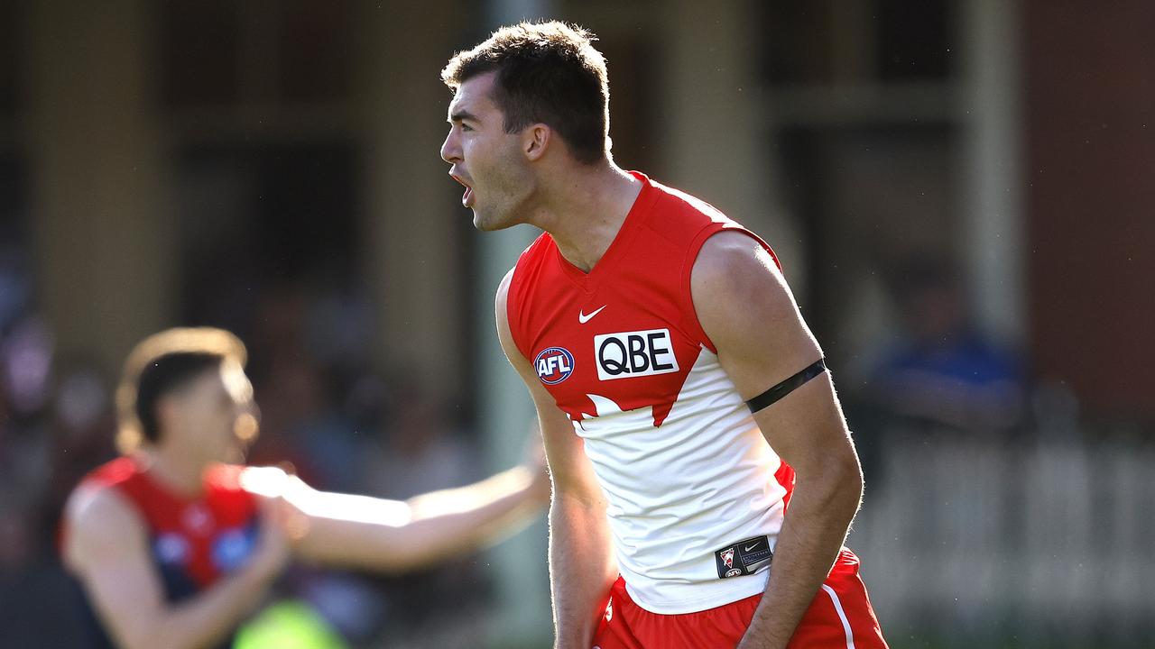 Logan McDonald celebrates his goal against the Demons. Picture: Phil Hillyard