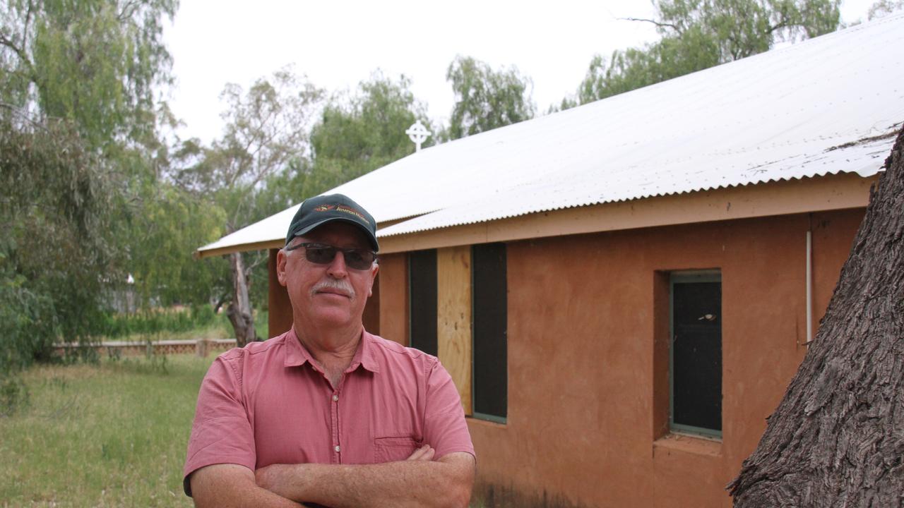 Alice Springs local historian Alex Nelson next to St Mary's chapel, which houses the heritage listed Robert Czako mural. Picture: Gera Kazakov