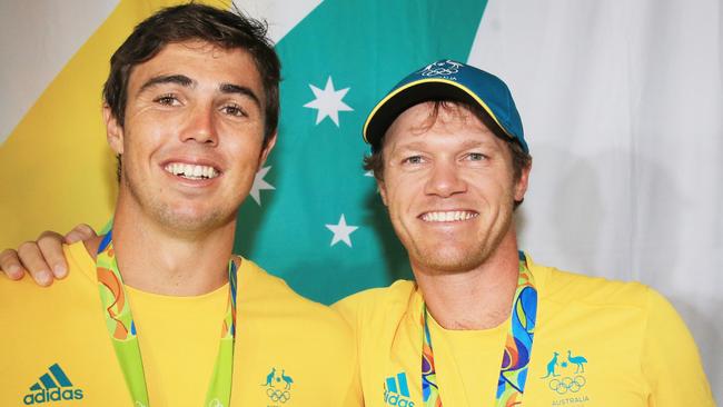 Iain Jensen and Nathan Outteridge after winning silver at the Rio Olympics. The pair are now rivals in the SailGP.