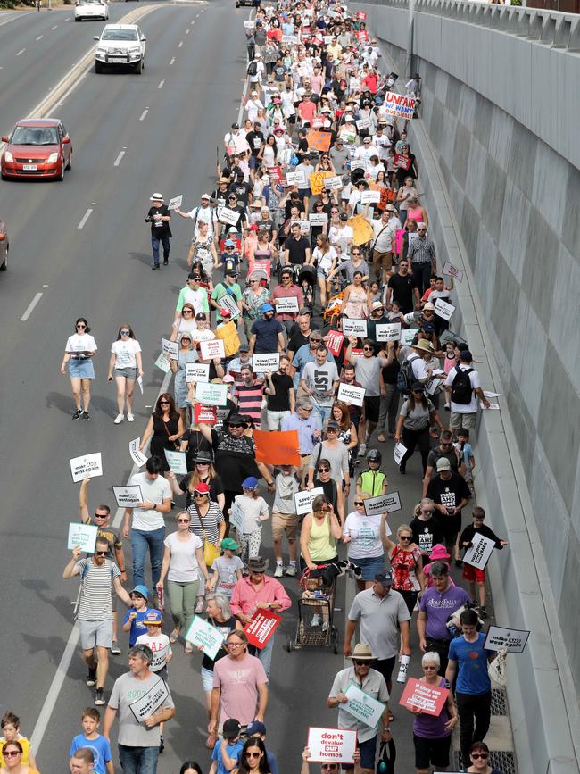 Demonstrators on the walk to Adelaide High. Picture: Dean Martin/AAP