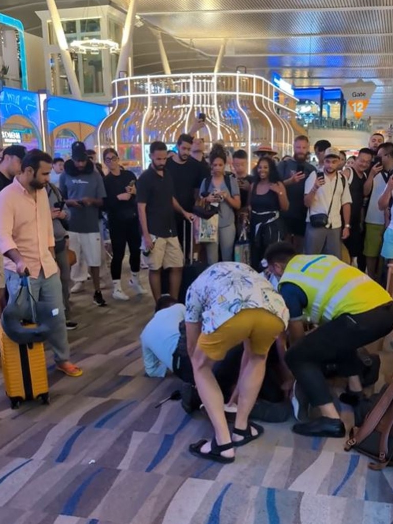 Viral footage shows armed officers tackling the drunk Aussie to the ground. Picture: Viral Press