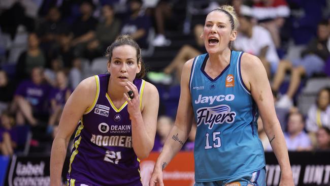 Southside Flyers’ Lauren Jackson is guarded by Keely Froling of the Melbourne Boomers during game three of the WNBL semi-final series in March. Picture: Daniel Pockett/Getty Images.