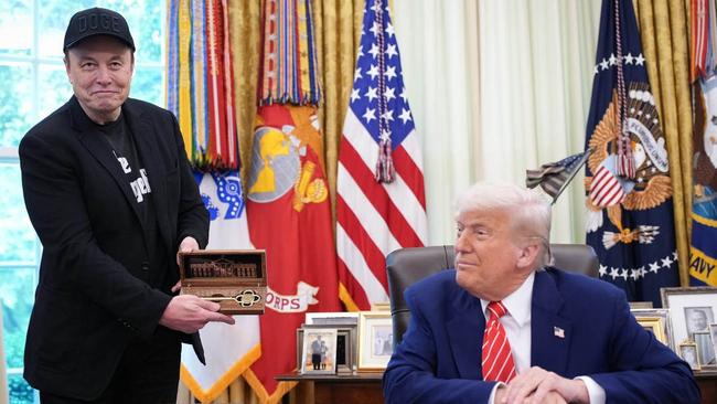 Elon Musk and Donald Trump in the Oval Office before their bromance was shattered in such spectacular fashion. Picture: Getty Images