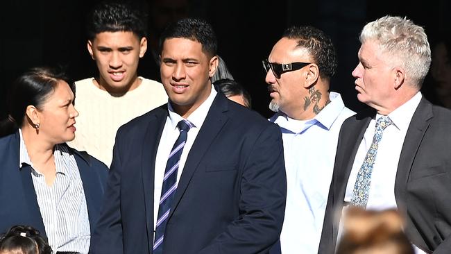 BRISBANE, AUSTRALIA - NewsWire Photos JUNE 3, 2025: Mr Tuiasau (centre), flanked by family and supporters, as well as defence counsel Craig Eberhardt KC (right). Picture: NewsWire / John Gass