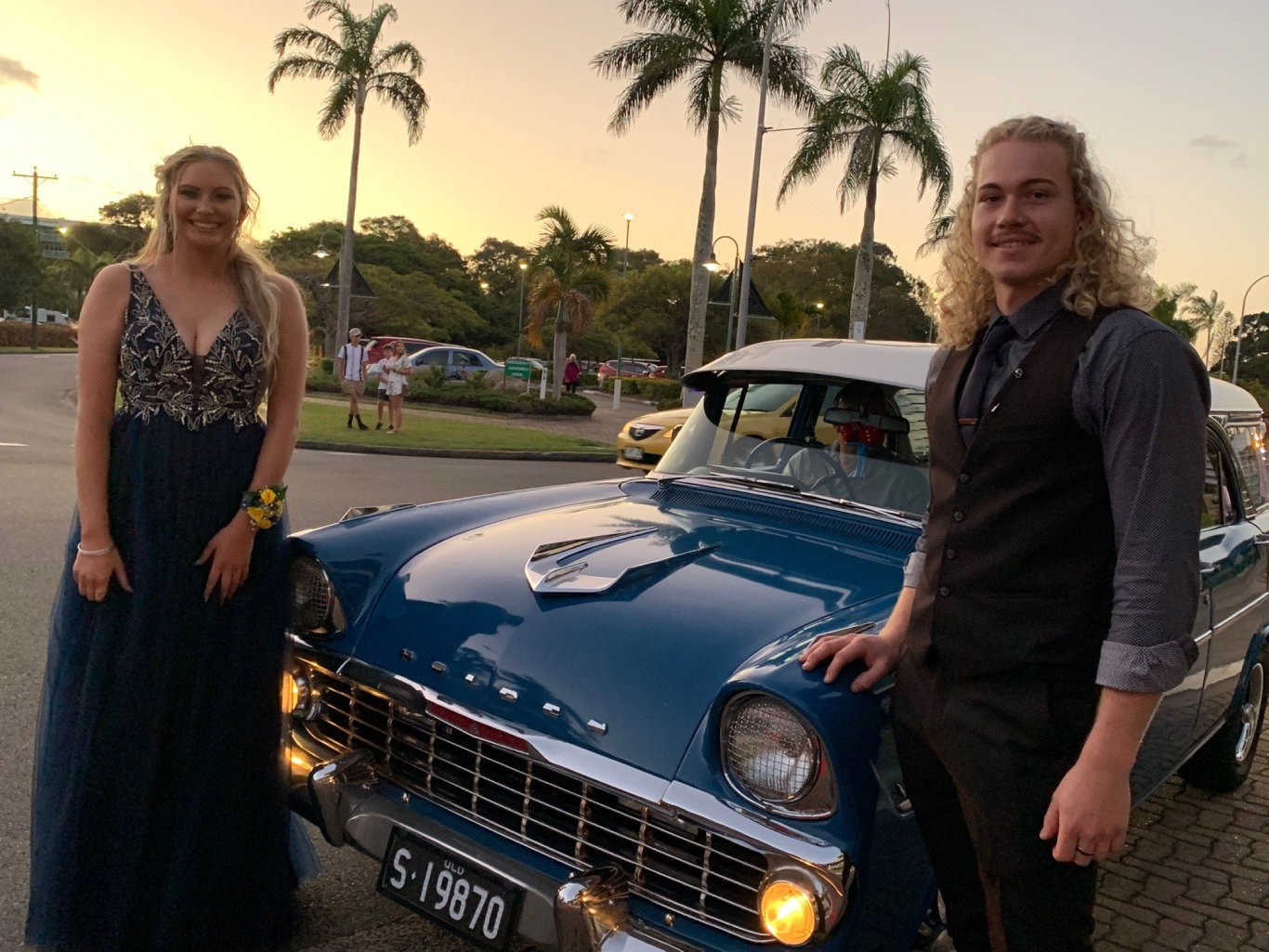 Tasmyn Grumetza and Joshua McIntosh arriving at the Fraser Coast Anglican College formal.