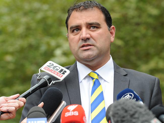 Parramatta Eels CEO John Boulous speaks to the media in Sydney, Friday, April 29, 2016. Boulous addressed the media regarding Eels NRL playmaker Kieran Foran. (AAP Image/Joel Carrett) NO ARCHIVING