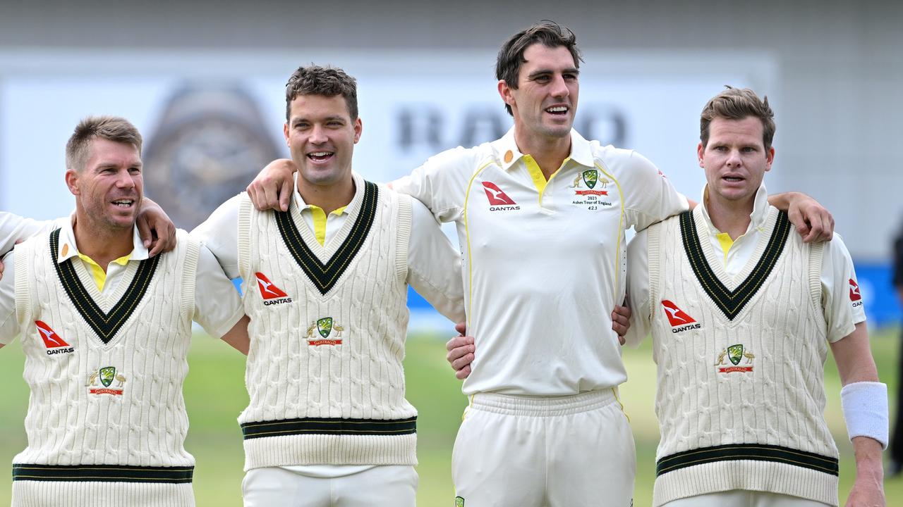 Steve Smith (right) sings the national anthem ahead of his 100th Test match. (Photo by Stu Forster/Getty Images)