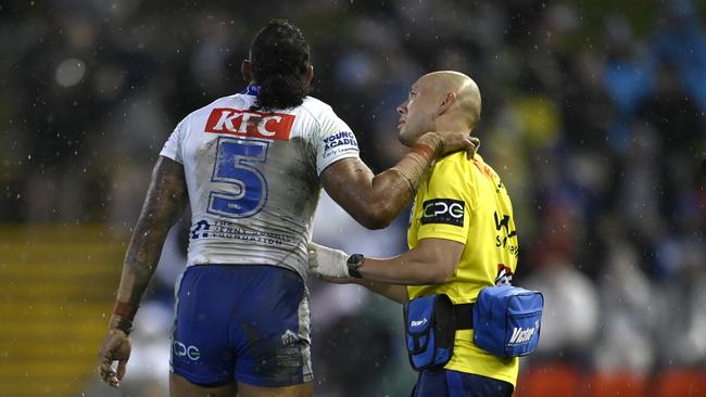 Josh Addo-Carr was forced off the field with a hamstring injury. Picture: NRL Imagery