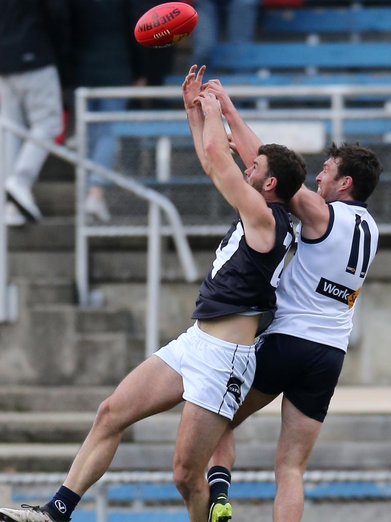 Vic Country’s Sam Dobson and VAFA’s Elliot Le Grice at Ikon Park, Carlton. Picture: Yuri Kouzmin